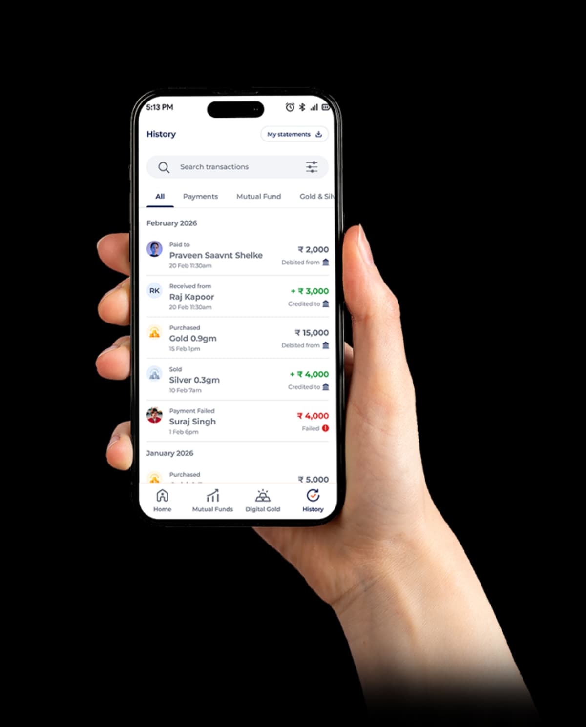 Indipe transaction history screen