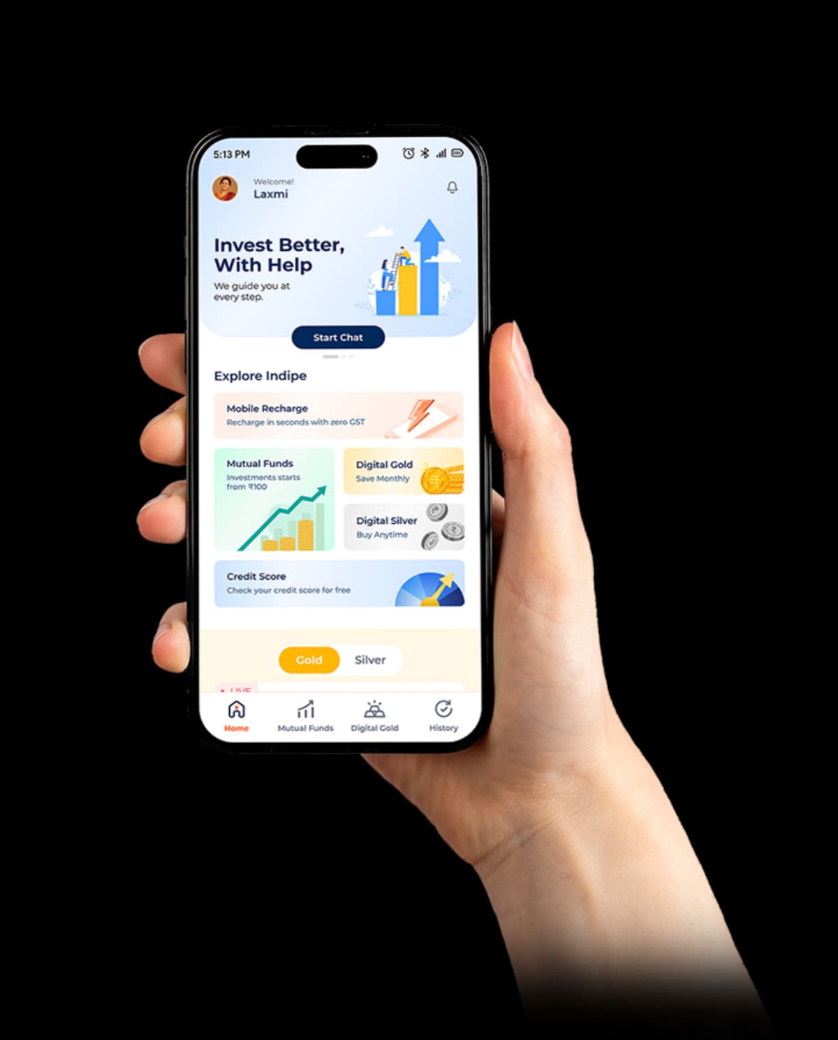Indipe app home screen on a phone