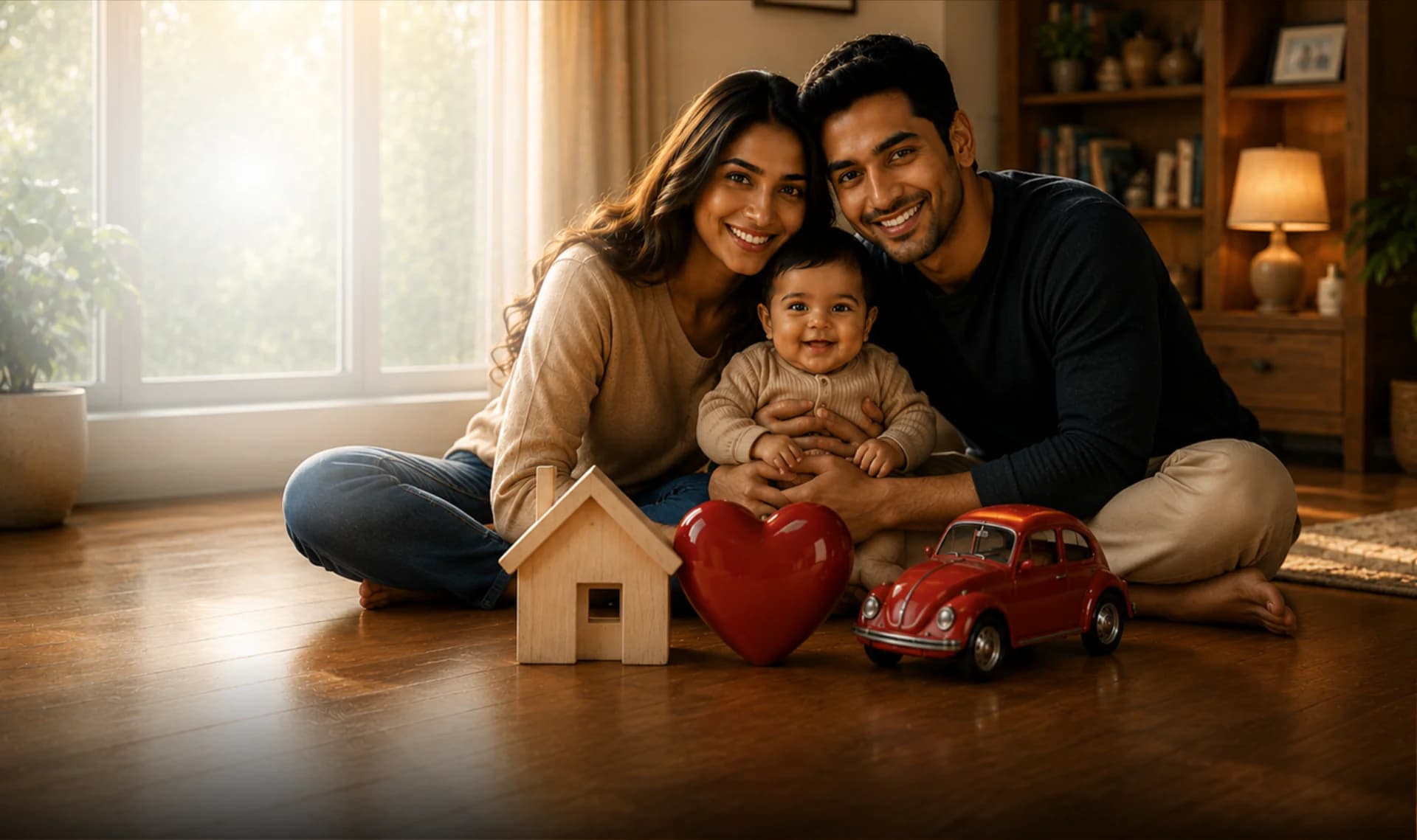 Happy family sitting together in a sunlit living room with toys in the foreground